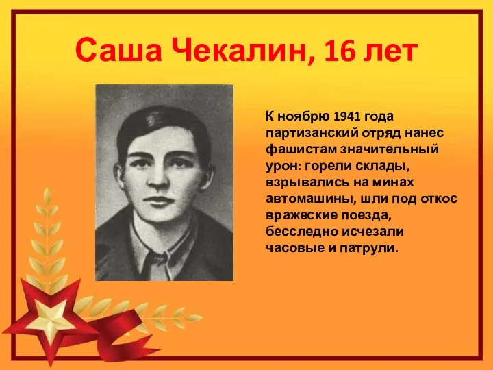 Саша Чекалин, 16 лет К ноябрю 1941 года партизанский отряд