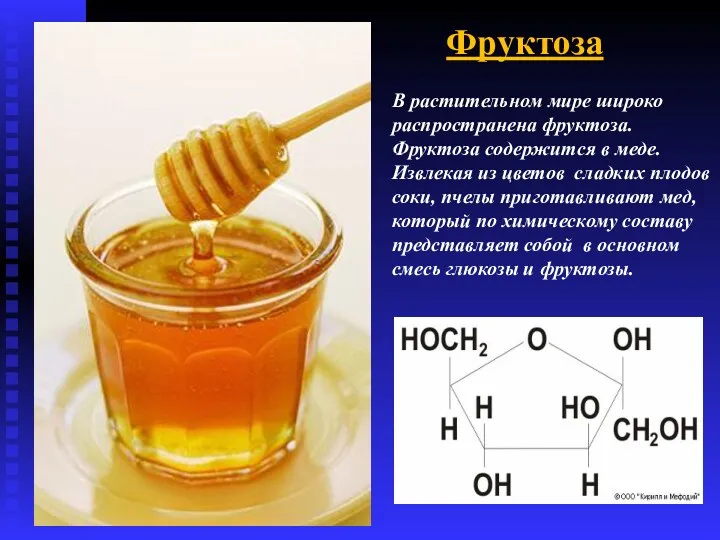 В растительном мире широко распространена фруктоза. Фруктоза содержится в меде.
