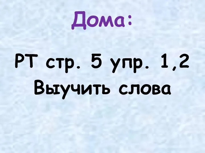 Дома: РТ стр. 5 упр. 1,2 Выучить слова