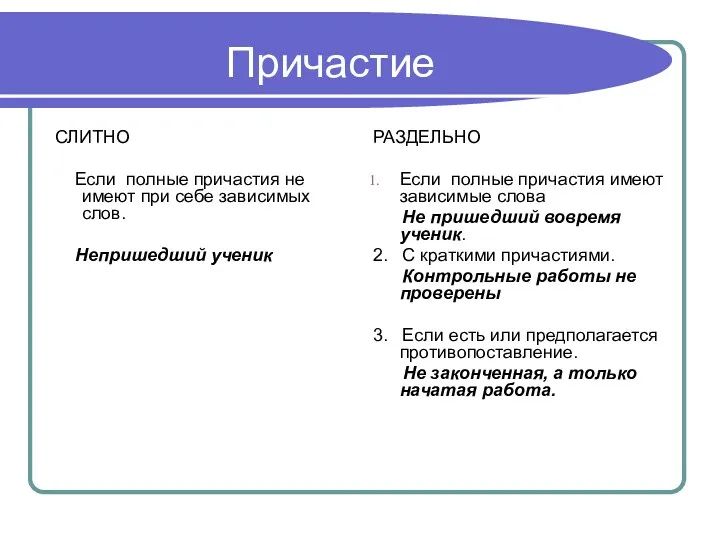 Причастие СЛИТНО Если полные причастия не имеют при себе зависимых слов. Непришедший ученик