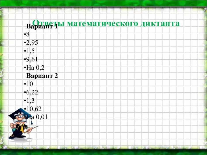 Ответы математического диктанта Вариант 1 8 2,95 1,5 9,61 На