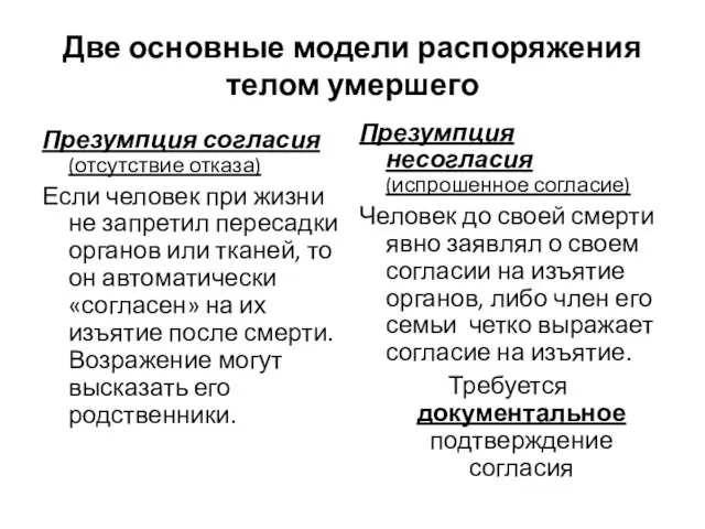 Две основные модели распоряжения телом умершего Презумпция согласия (отсутствие отказа)