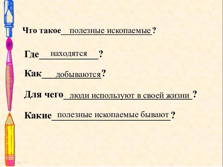 Что такое_____________________? Где____________? Как____________? Для чего__________________________? Какие________________________? полезные ископаемые находятся добываются люди используют