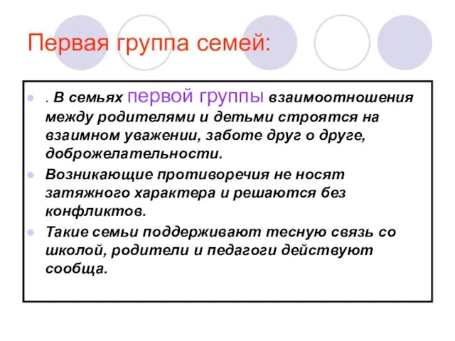 Первая группа семей: . В семьях первой группы взаимоотношения между родителями и детьми