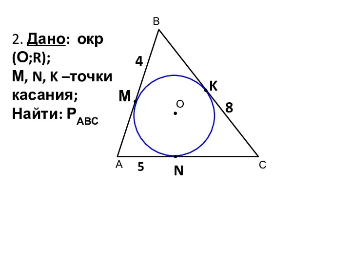 В С А О 2. Дано: окр(О;R); М, N, K –точки касания; Найти: