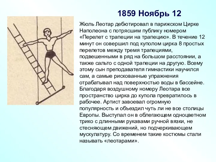 1859 Ноябрь 12 Жюль Леотар дебютировал в парижском Цирке Наполеона с потрясшим публику