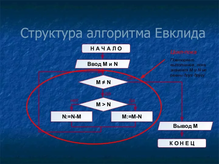 Структура алгоритма Евклида Н А Ч А Л О Ввод