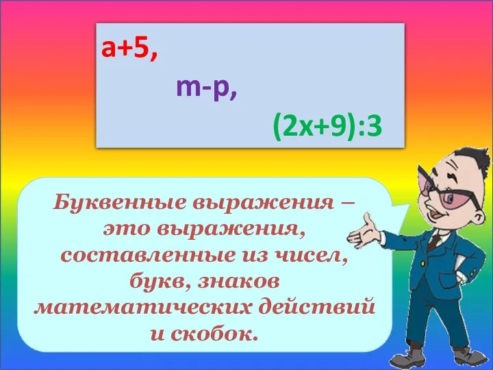 Буквенные выражения – это выражения, составленные из чисел, букв, знаков