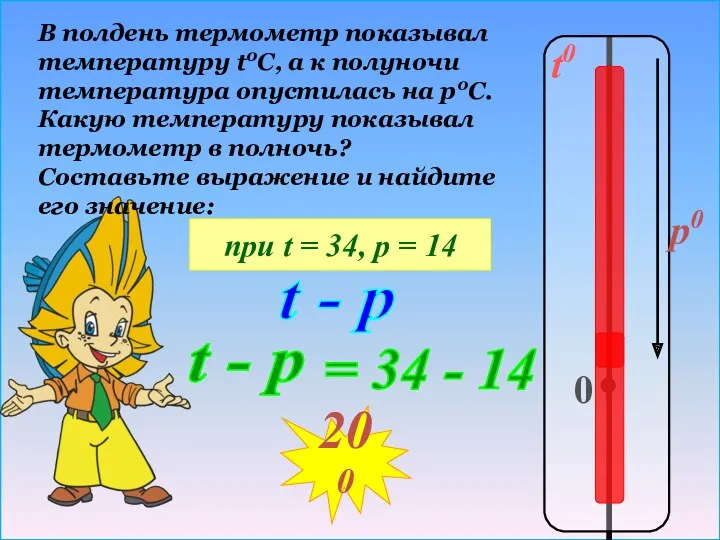 t0 0 p0 В полдень термометр показывал температуру t0C, а к полуночи температура