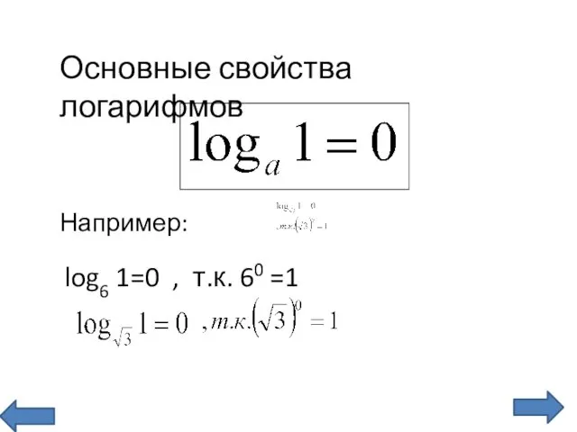 Основные свойства логарифмов Например: log6 1=0 , т.к. 60 =1