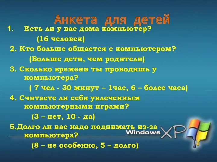 Анкета для детей Есть ли у вас дома компьютер? (16 человек) 2. Кто