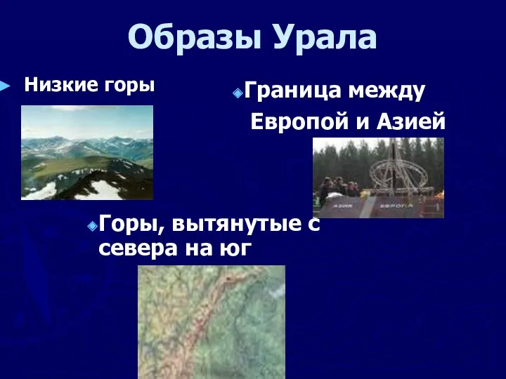 Образы Урала Низкие горы Горы, вытянутые с севера на юг Граница между Европой и Азией