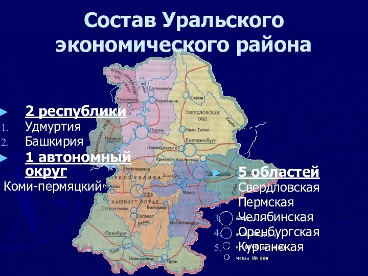 Состав Уральского экономического района 2 республики Удмуртия Башкирия 1 автономный