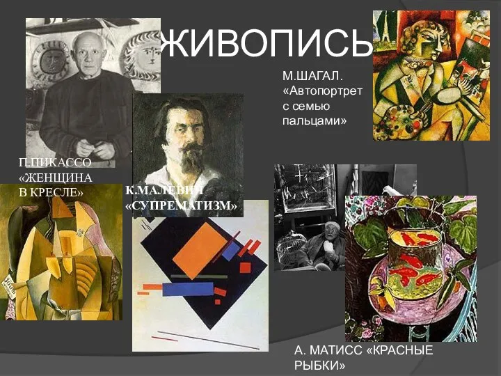 ЖИВОПИСЬ П.ПИКАССО «ЖЕНЩИНА В КРЕСЛЕ» К.МАЛЕВИЧ «СУПРЕМАТИЗМ» А. МАТИСС «КРАСНЫЕ РЫБКИ» М.ШАГАЛ. «Автопортрет с семью пальцами»