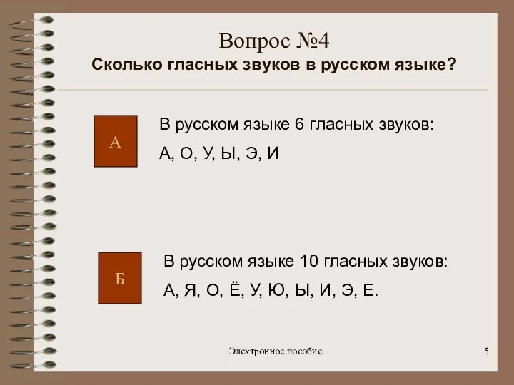 Электронное пособие Вопрос №4 Сколько гласных звуков в русском языке?