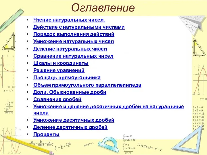 Оглавление Чтение натуральных чисел. Действие с натуральными числами Порядок выполнения действий Умножение натуральных