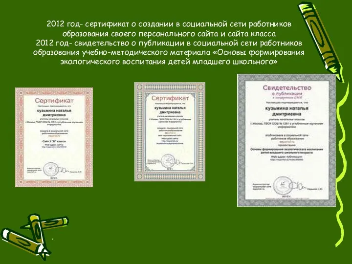 2012 год- сертификат о создании в социальной сети работников образования своего персонального сайта