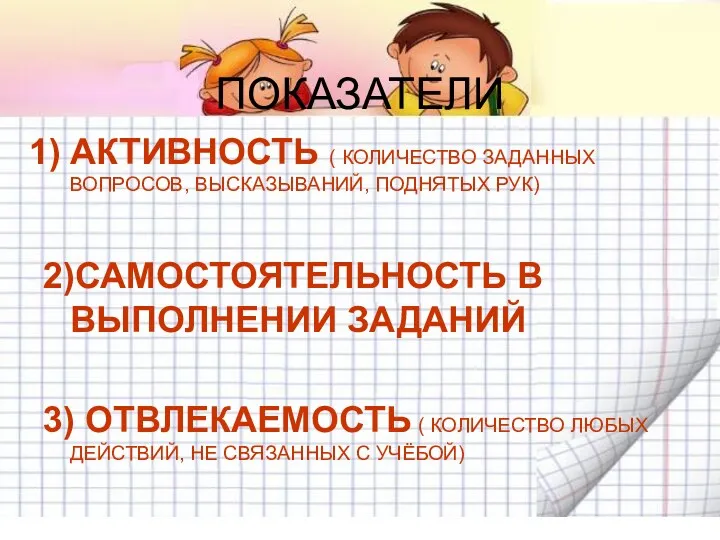 ПОКАЗАТЕЛИ АКТИВНОСТЬ ( КОЛИЧЕСТВО ЗАДАННЫХ ВОПРОСОВ, ВЫСКАЗЫВАНИЙ, ПОДНЯТЫХ РУК) 2)САМОСТОЯТЕЛЬНОСТЬ