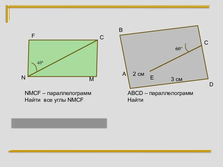 F С M N NMCF – параллелограмм Найти все углы NMCF А В