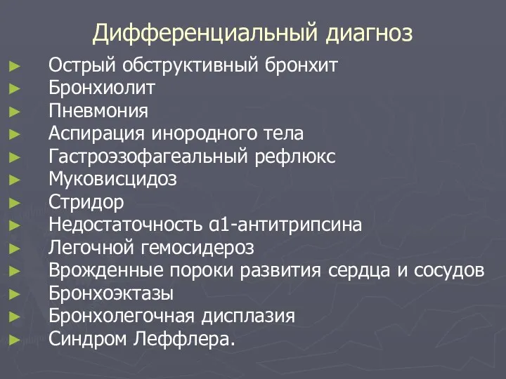 Дифференциальный диагноз Острый обструктивный бронхит Бронхиолит Пневмония Аспирация инородного тела