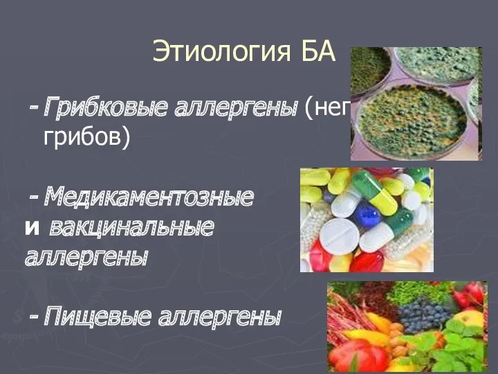 Грибковые аллергены (непатогенных грибов) Медикаментозные и вакцинальные аллергены Пищевые аллергены Этиология БА