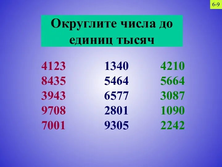 Округлите числа до единиц тысяч 4123 8435 3943 9708 7001