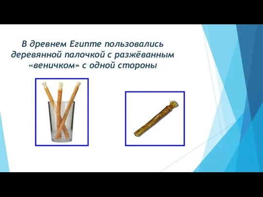 В древнем Египте пользовались деревянной палочкой с разжёванным «веничком» с одной стороны