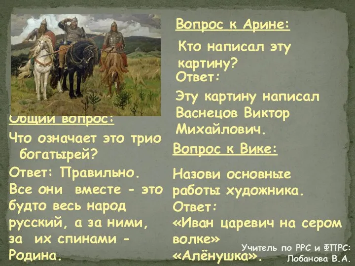 Общий вопрос: Что означает это трио богатырей? Вопрос к Арине: Ответ: Вопрос к