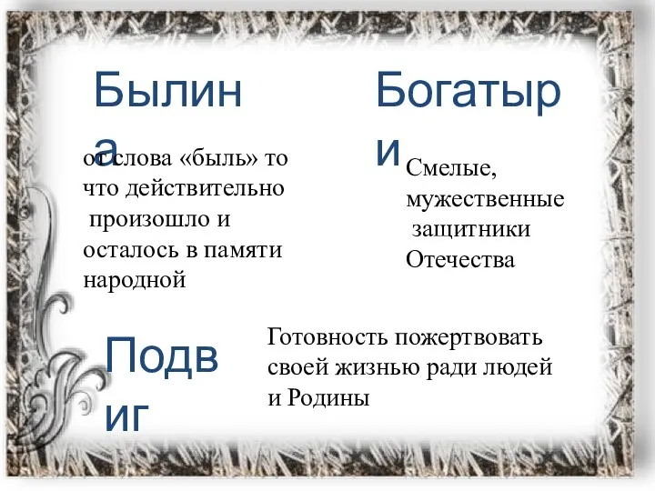 Былина Богатыри Подвиг от слова «быль» то что действительно произошло