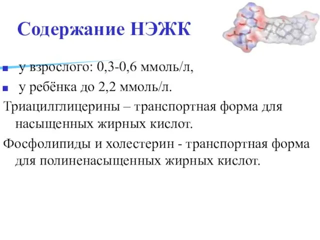 Содержание НЭЖК у взрослого: 0,3-0,6 ммоль/л, у ребёнка до 2,2