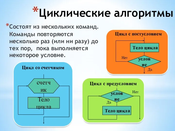 Состоят из нескольких команд. Команды повторяются несколько раз (или ни