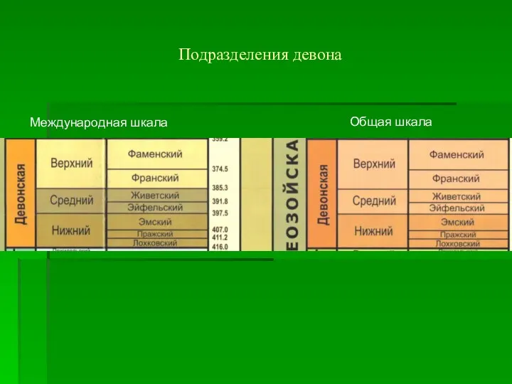 Подразделения девона Международная шкала Общая шкала