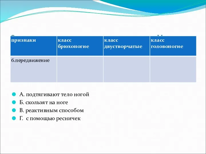 Сравнительная характеристика классов типа Моллюски А. подтягивают тело ногой Б.