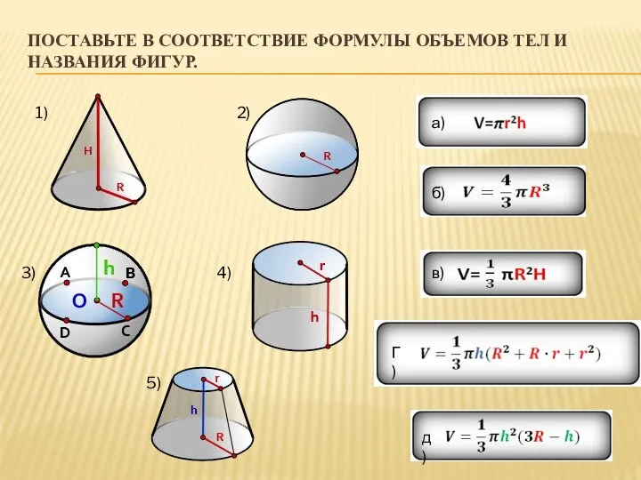 Поставьте в соответствие формулы объемов тел и названия фигур. 1) 2) 3) 4)