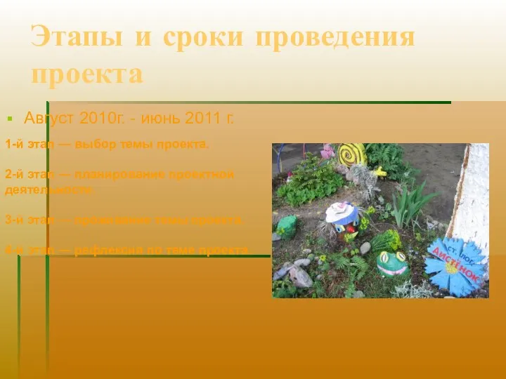 Этапы и сроки проведения проекта Август 2010г. - июнь 2011