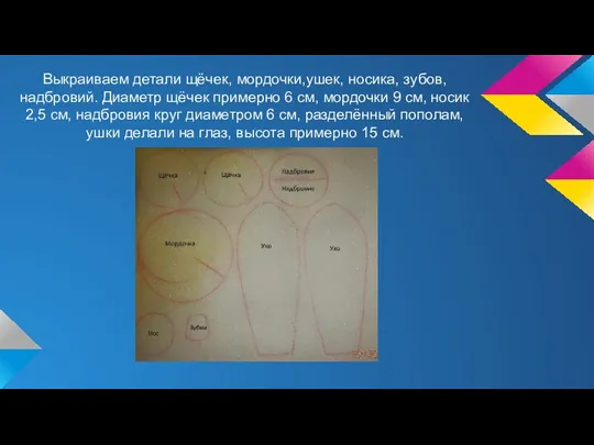 Выкраиваем детали щёчек, мордочки,ушек, носика, зубов, надбровий. Диаметр щёчек примерно 6 см, мордочки