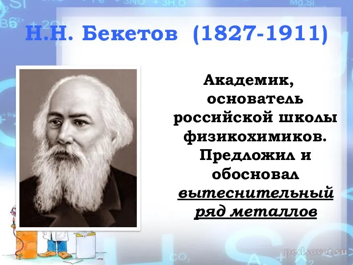 Н.Н. Бекетов (1827-1911) Академик, основатель российской школы физикохимиков. Предложил и обосновал вытеснительный ряд металлов