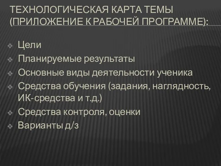 Технологическая карта темы (приложение к рабочей программе): Цели Планируемые результаты