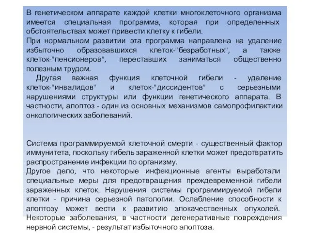 В генетическом аппарате каждой клетки многоклеточного организма имеется специальная программа,