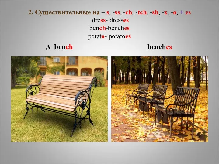 2. Существительные на – s, -ss, -ch, -tch, -sh, -x,