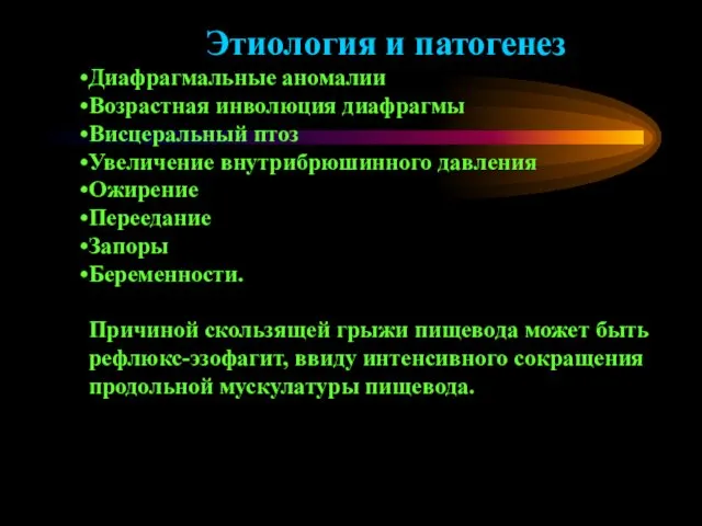 Этиология и патогенез Диафрагмальные аномалии Возрастная инволюция диафрагмы Висцеральный птоз