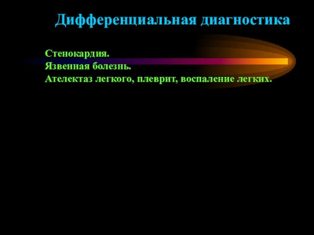 Дифференциальная диагностика Стенокардия. Язвенная болезнь. Ателектаз легкого, плеврит, воспаление легких.