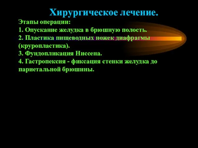 Хирургическое лечение. Этапы операции: 1. Опускание желудка в брюшную полость.