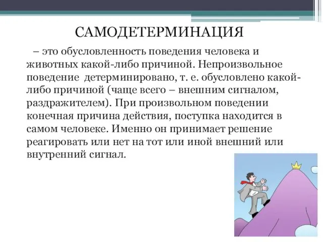 – это обусловленность поведения человека и животных какой-либо причиной. Непроизвольное