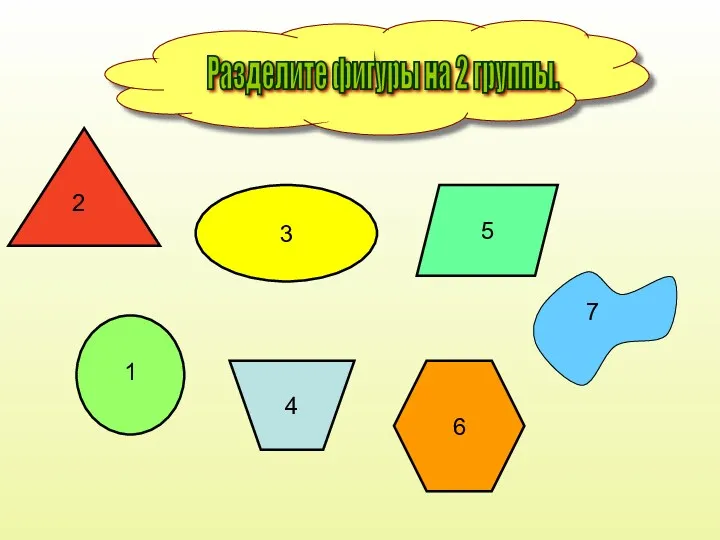 6 5 4 3 Разделите фигуры на 2 группы. 1 2 7