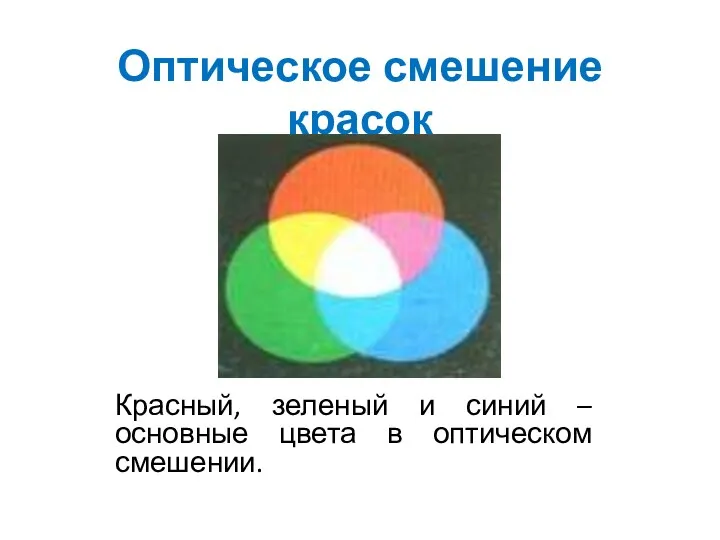Оптическое смешение красок Красный, зеленый и синий – основные цвета в оптическом смешении.