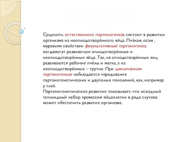 Партеногенез Сущность естественного партеногенеза состоит в развитии организма из неоплодотворённого