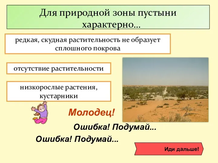 Для природной зоны пустыни характерно… отсутствие растительности низкорослые растения, кустарники