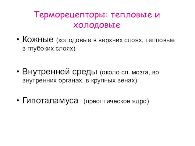 Терморецепторы: тепловые и холодовые Кожные (холодовые в верхних слоях, тепловые