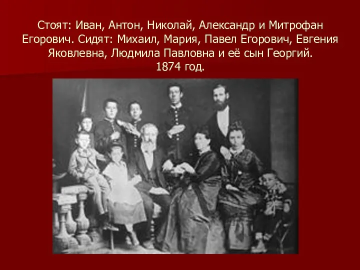 Стоят: Иван, Антон, Николай, Александр и Митрофан Егорович. Сидят: Михаил,